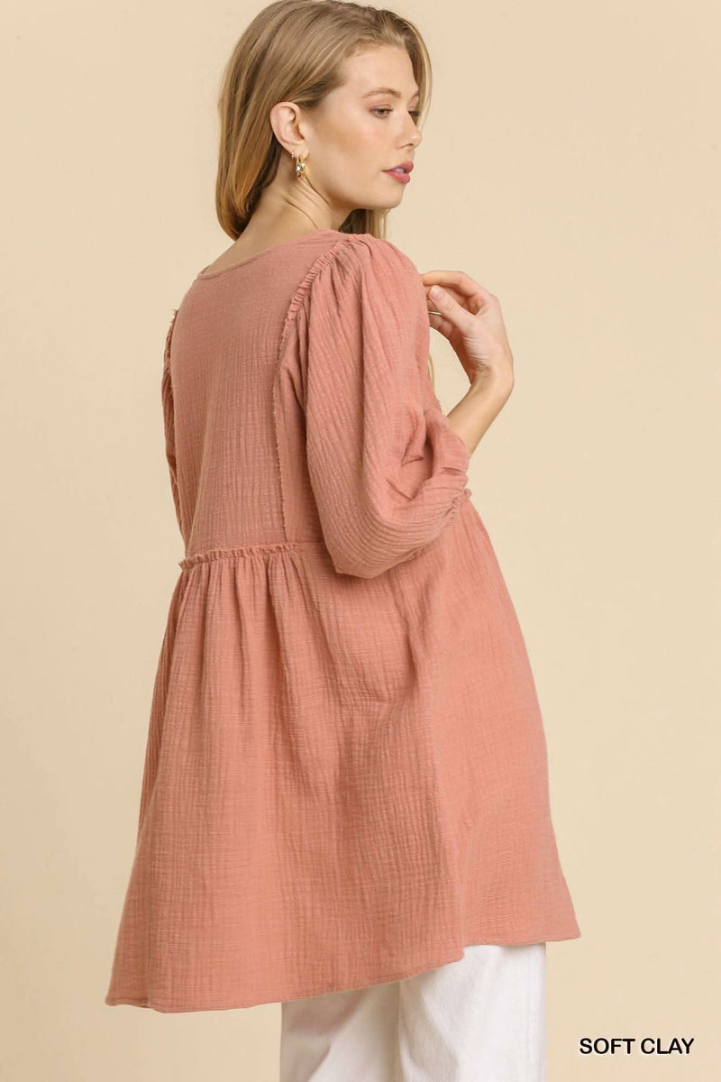 Gauze Slub V-neck Frayed Edge Detail Tunic Dress - Fit Me For 20