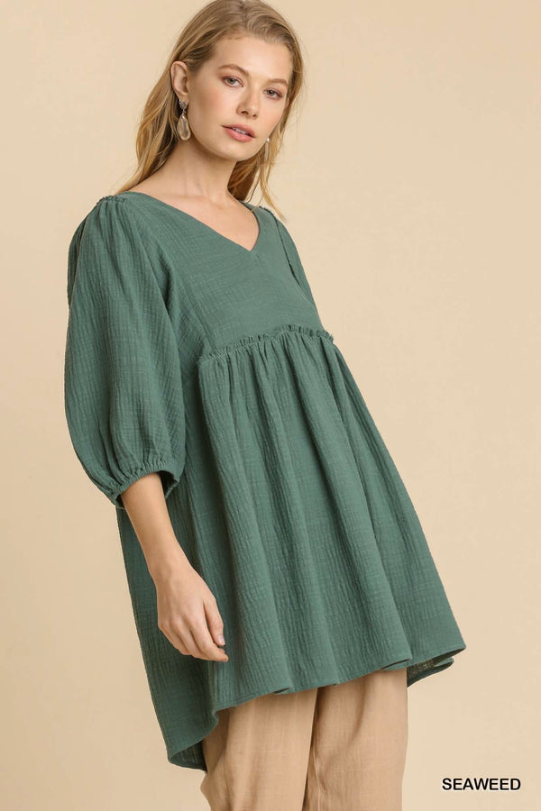 Gauze Slub V-neck Frayed Edge Detail Tunic Dress - Fit Me For 20