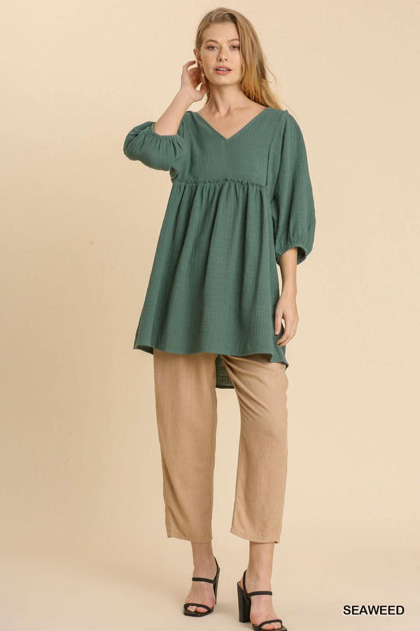 Gauze Slub V-neck Frayed Edge Detail Tunic Dress - Fit Me For 20