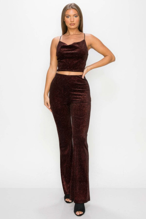 Glittery Flare High-rise Elastic Pants - Fit Me For 20