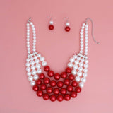 DST Chunky Red White Pearl Bib Necklace Set - Fit Me For 20