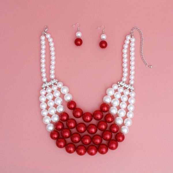 DST Chunky Red White Pearl Bib Necklace Set - Fit Me For 20