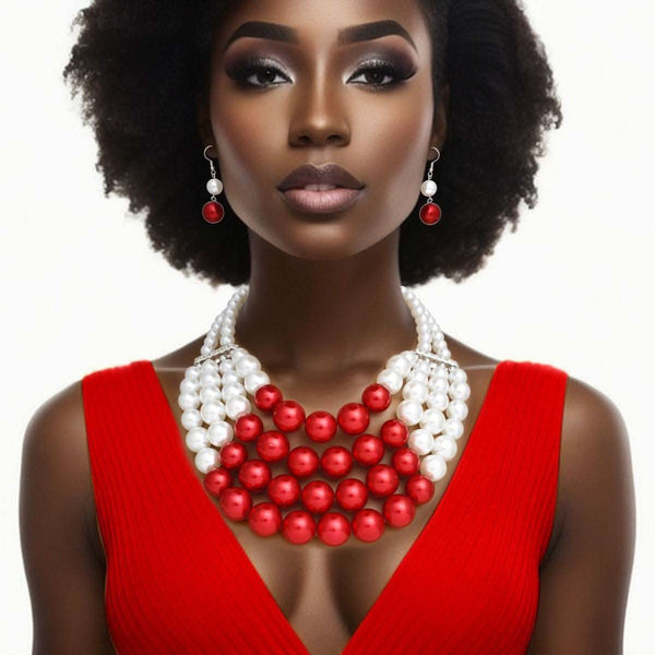 DST Chunky Red White Pearl Bib Necklace Set - Fit Me For 20