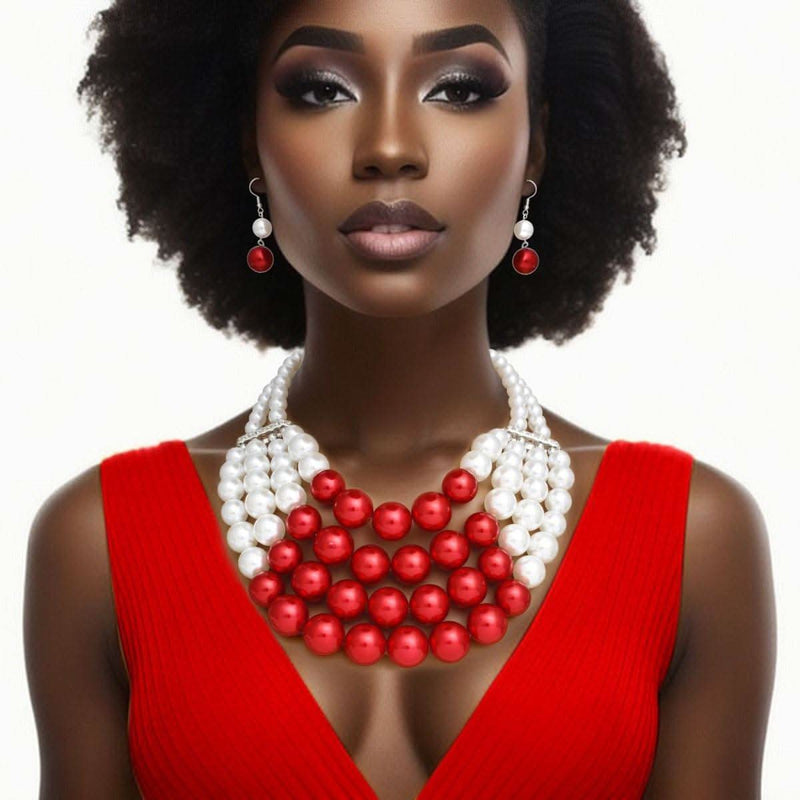 DST Chunky Red White Pearl Bib Necklace Set - Fit Me For 20