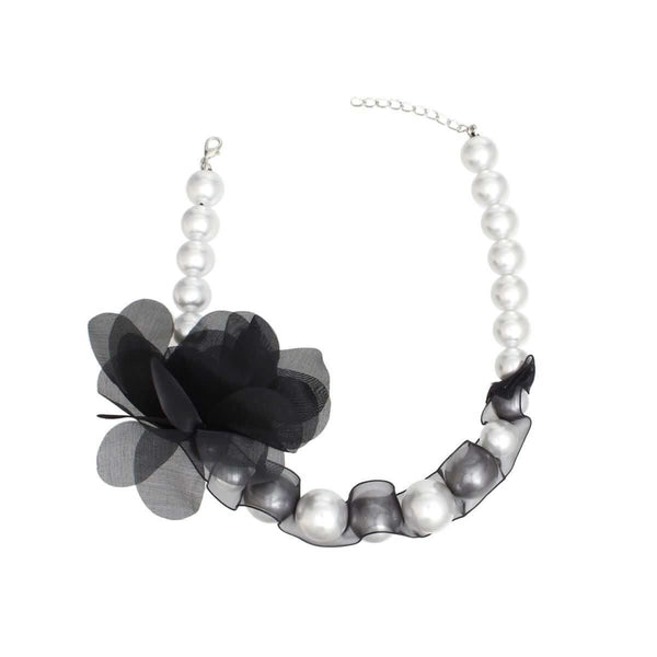 Graduated Pearl Black Fabric Flower Woven Necklace - Fit Me For 20