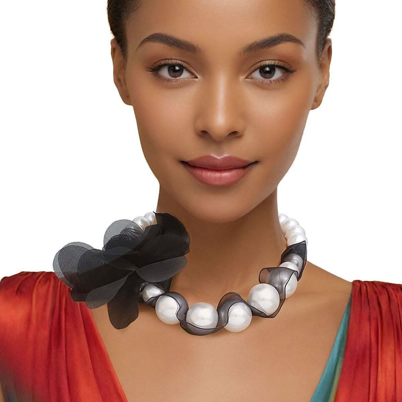 Graduated Pearl Black Fabric Flower Woven Necklace - Fit Me For 20