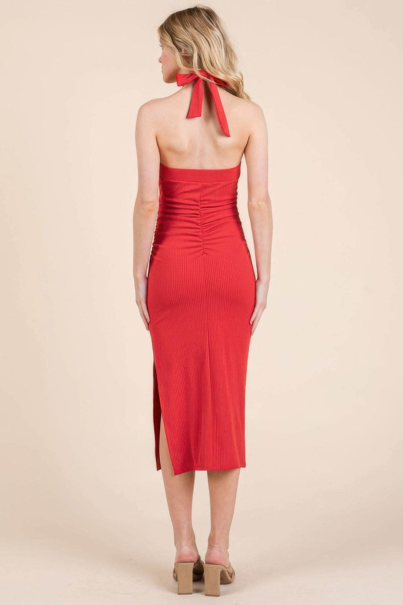 Halter Tied Criss-cross Midi Ribbed Dress - Fit Me For 20
