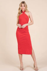 Halter Tied Criss-cross Midi Ribbed Dress - Fit Me For 20