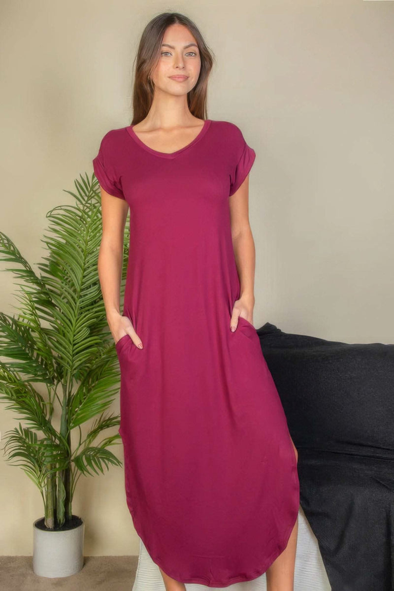 Hidden Pocket Batwing Sleeve V Neck Long Dress - Fit Me For 20