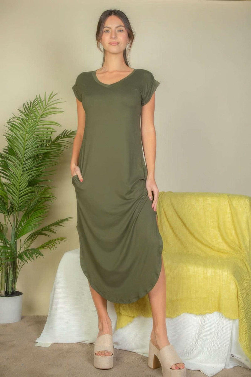 Hidden Pocket Batwing Sleeve V Neck Long Dress - Fit Me For 20