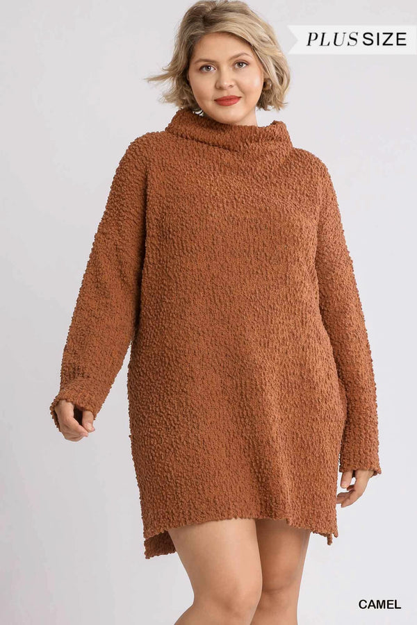 High Cowl Neck Bouclé Long Sleeve Sweater Dress - Fit Me For 20