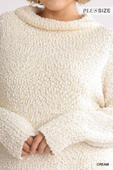 High Cowl Neck Bouclé Long Sleeve Sweater Dress - Fit Me For 20