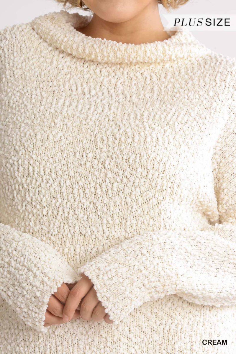 High Cowl Neck Bouclé Long Sleeve Sweater Dress - Fit Me For 20