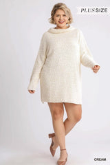 High Cowl Neck Bouclé Long Sleeve Sweater Dress - Fit Me For 20