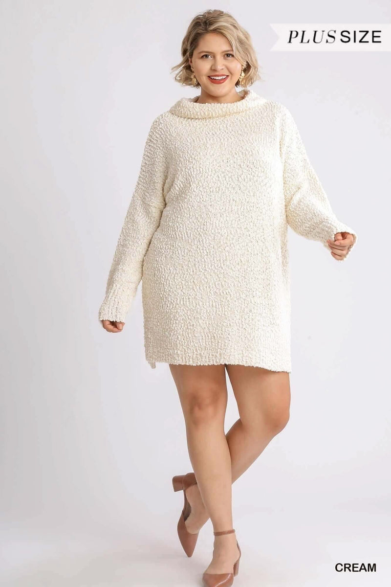 High Cowl Neck Bouclé Long Sleeve Sweater Dress - Fit Me For 20