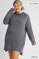 High Cowl Neck Bouclé Long Sleeve Sweater Dress - Fit Me For 20