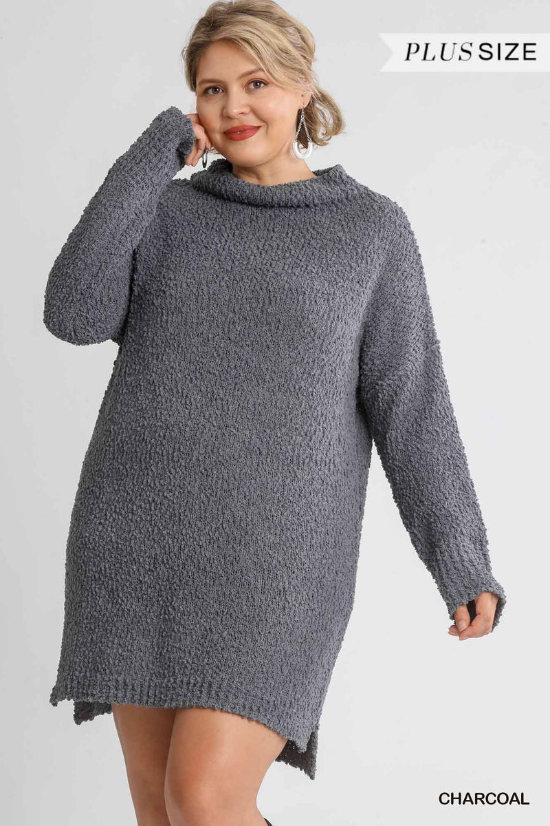 High Cowl Neck Bouclé Long Sleeve Sweater Dress - Fit Me For 20