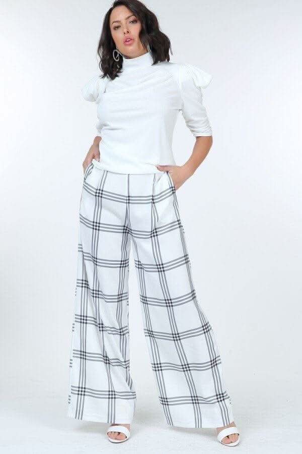 High Waist Plaid Print Wide Leg Pants - Fit Me For 20