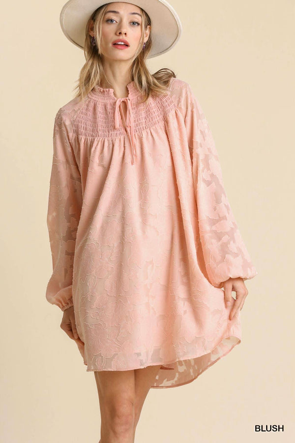 Jacquard Raglan Smocked Tie Neck Yoke Dress - Fit Me For 20