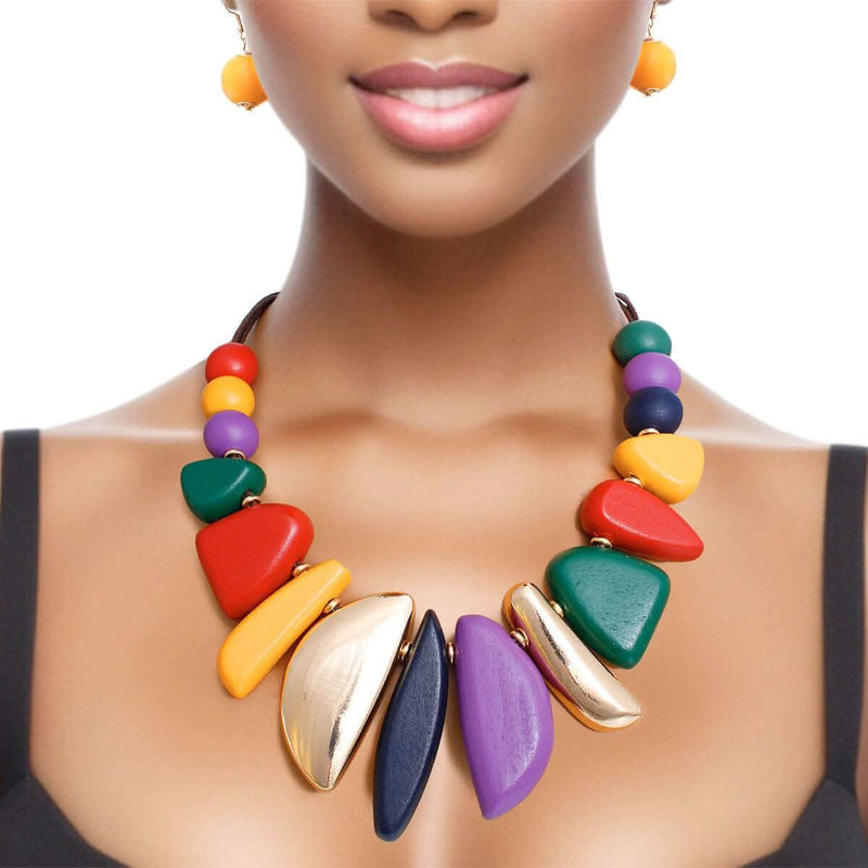 Bib Necklace Multi Wood Metal Set for Women - Fit Me For 20