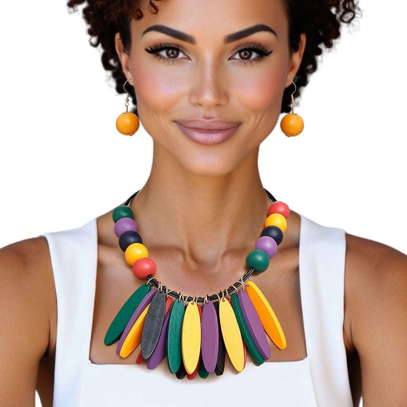 Bib Oval Wood Bead Multicolor Necklace for Women - Fit Me For 20