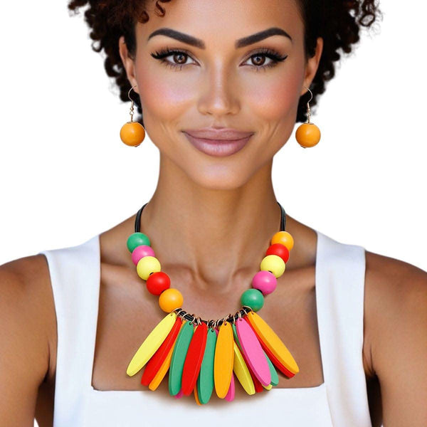 Bib Oval Wood Bead Rainbow Necklace for Women - Fit Me For 20