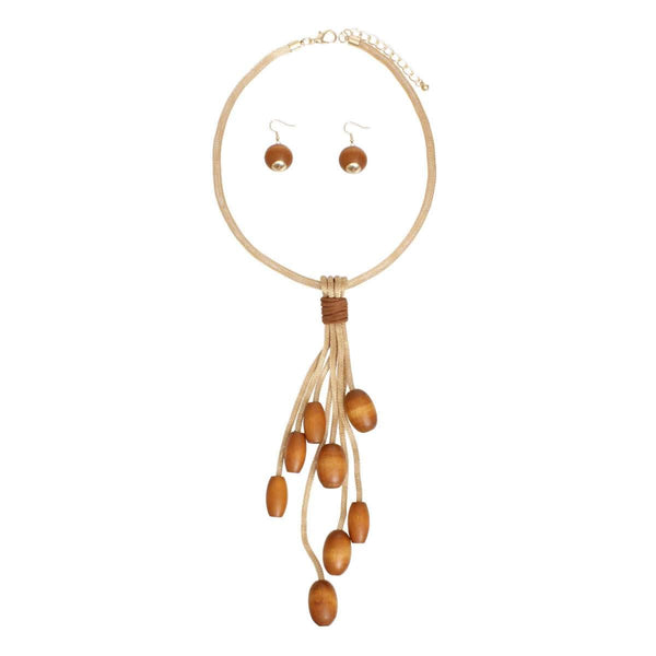 Tassel Gold Mesh Brown Wooden Bead Necklace - Fit Me For 20