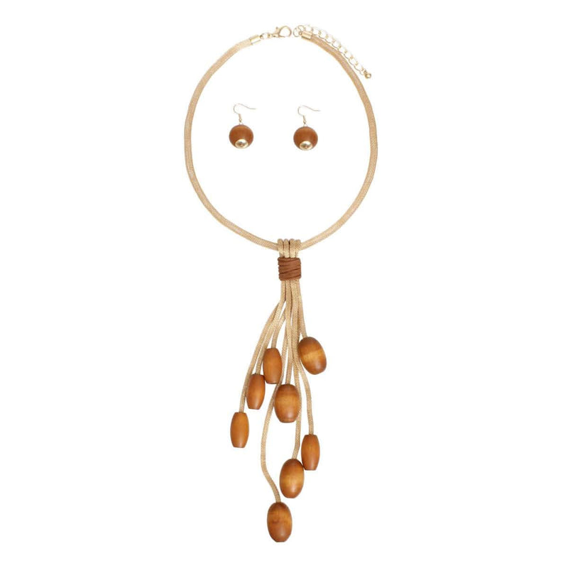 Tassel Gold Mesh Brown Wooden Bead Necklace - Fit Me For 20