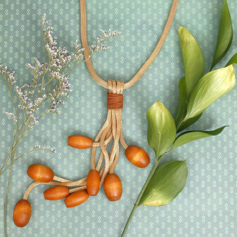 Tassel Gold Mesh Brown Wooden Bead Necklace - Fit Me For 20