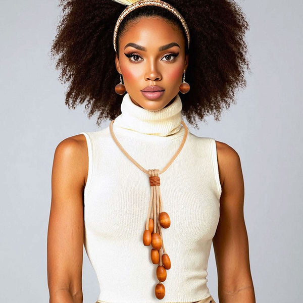 Tassel Gold Mesh Brown Wooden Bead Necklace - Fit Me For 20