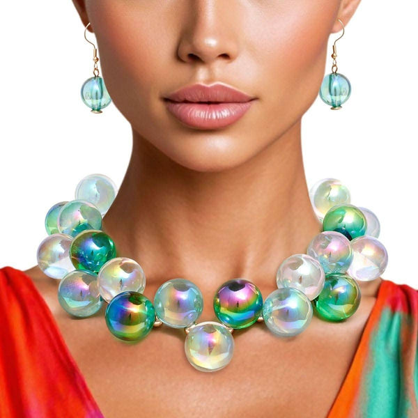 Women's blue green iridescent bubble ball bead necklace set with matching drop earrings, featuring gold metal spacers.