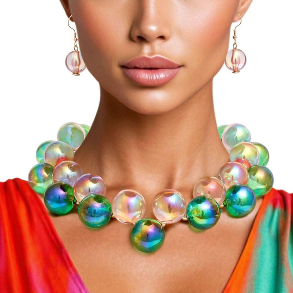 Iridescent pink and green bubble ball bead necklace set with matching earrings for women.