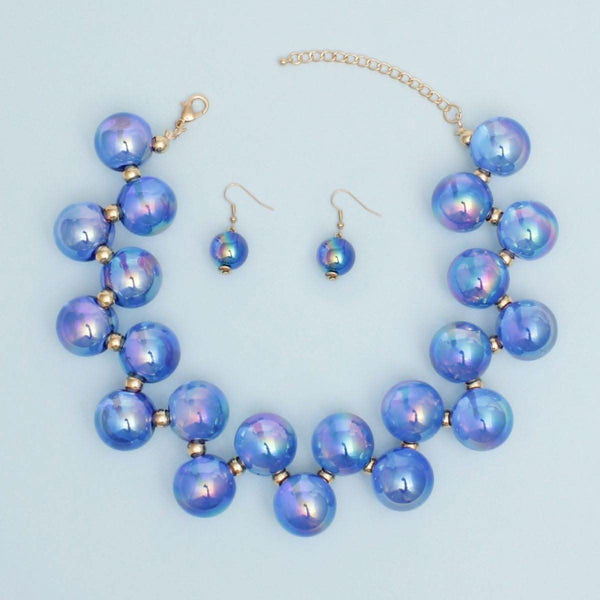 Necklace Blue Iridescent Bubble Ball Bead Gold Set with matching earrings, featuring royal blue acrylic beads.