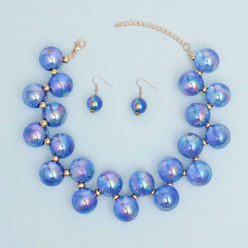 Necklace Blue Iridescent Bubble Ball Bead Gold Set with matching earrings, featuring royal blue acrylic beads.