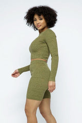 Knit Long Sleeve Cropped Top Knit High-waist Biker Shorts Set - Fit Me For 20