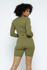 Knit Long Sleeve Cropped Top Knit High-waist Biker Shorts Set - Fit Me For 20