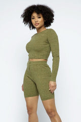 Knit Long Sleeve Cropped Top Knit High-waist Biker Shorts Set - Fit Me For 20