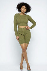 Knit Long Sleeve Cropped Top Knit High-waist Biker Shorts Set - Fit Me For 20