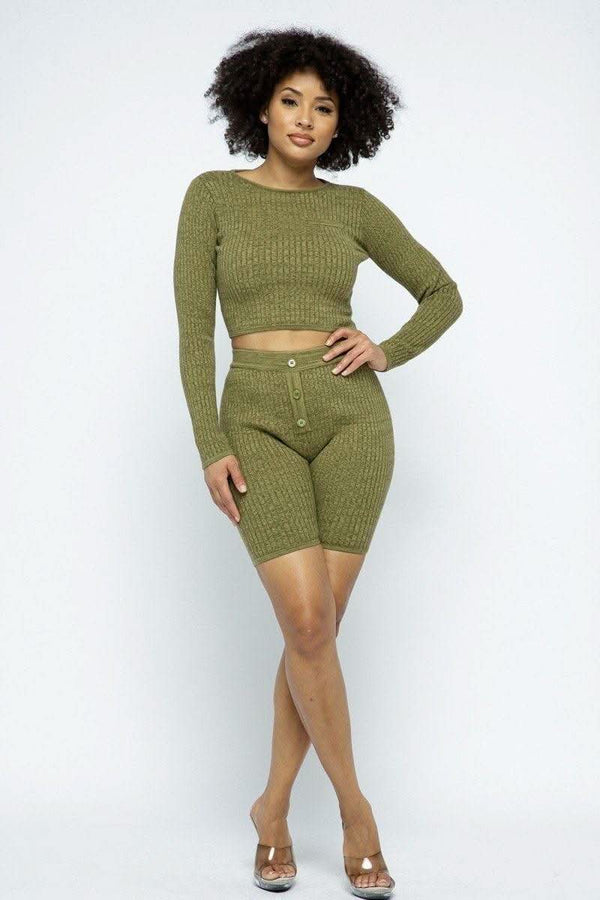 Knit Long Sleeve Cropped Top Knit High-waist Biker Shorts Set - Fit Me For 20