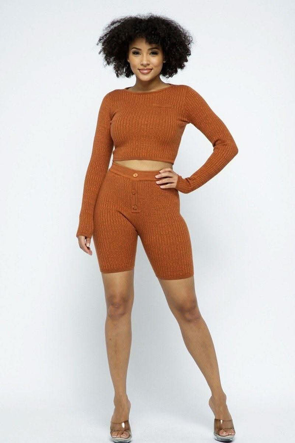 Knit Long Sleeve Cropped Top Knit High-waist Biker Shorts Set - Fit Me For 20
