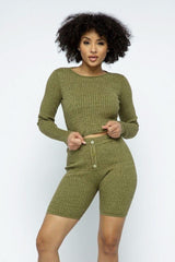Knit Long Sleeve Cropped Top Knit High-waist Biker Shorts Set - Fit Me For 20
