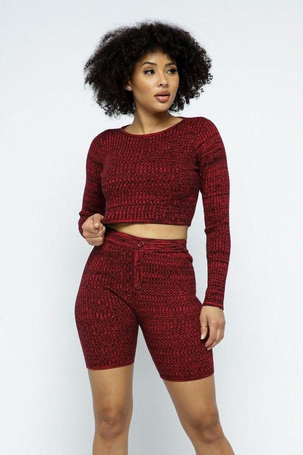 Knit Long Sleeve Cropped Top Knit High-waist Biker Shorts Set - Fit Me For 20