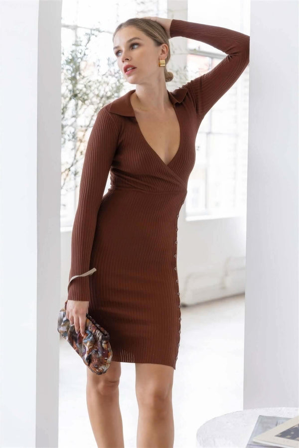 Knit Ribbed Button Up Detail Collared Long Sleeve Midi Dress - Fit Me For 20