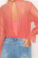 Lace Trim Shadow Stripe Bodysuit - Fit Me For 20