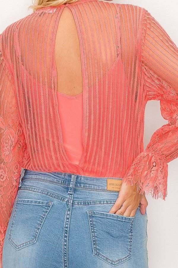 Lace Trim Shadow Stripe Bodysuit - Fit Me For 20