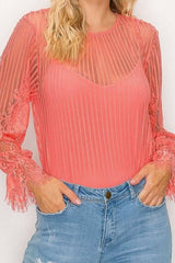 Lace Trim Shadow Stripe Bodysuit - Fit Me For 20