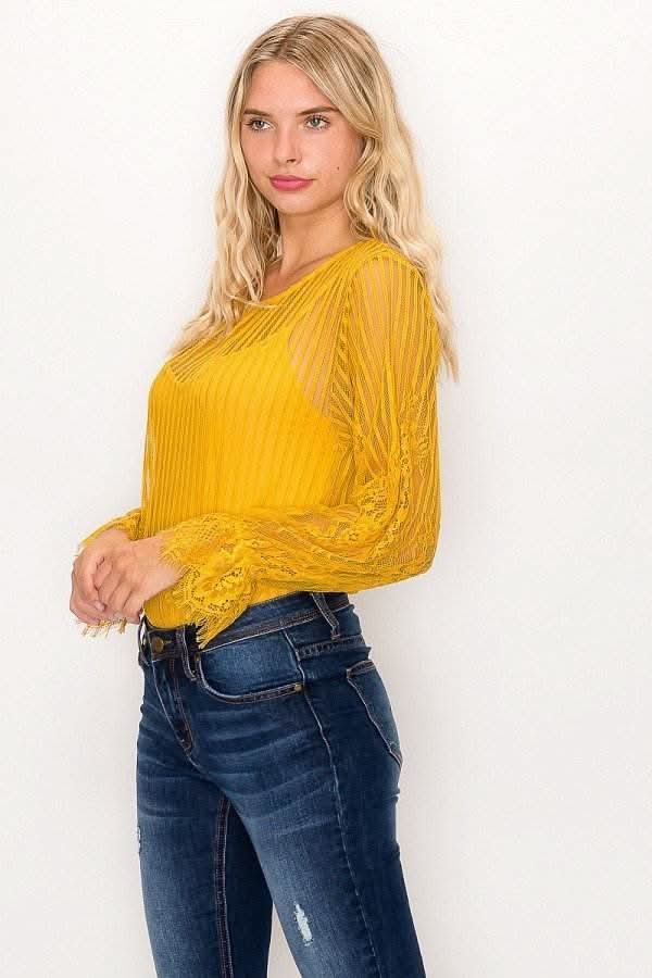 Lace Trim Shadow Stripe Bodysuit - Fit Me For 20