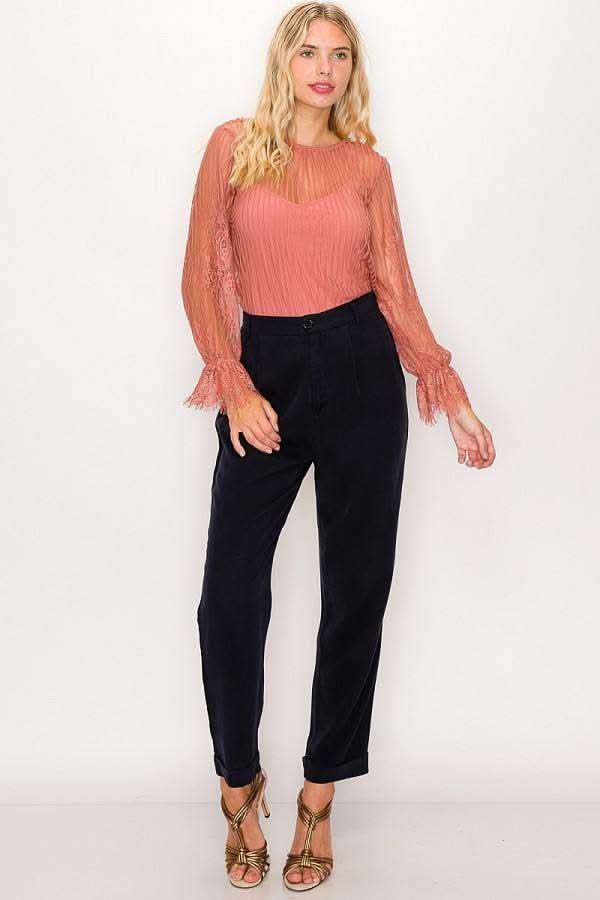 Lace Trim Shadow Stripe Bodysuit - Fit Me For 20