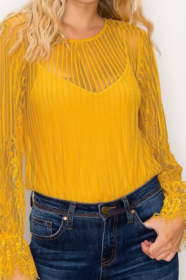 Lace Trim Shadow Stripe Bodysuit - Fit Me For 20