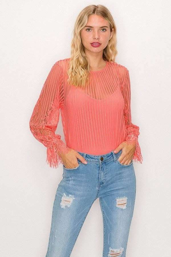 Lace Trim Shadow Stripe Bodysuit - Fit Me For 20